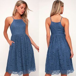 Lulus "Kinzie" Blue Square Neck Cami Lace Dress